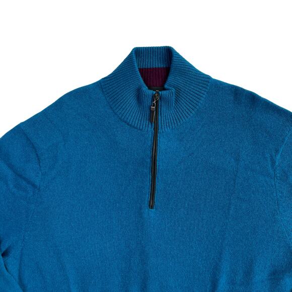 1-33 QI CASHMERE Men's Sweater Zip-Henley Teal 100% Cashmere Large - Picture 3 of 16